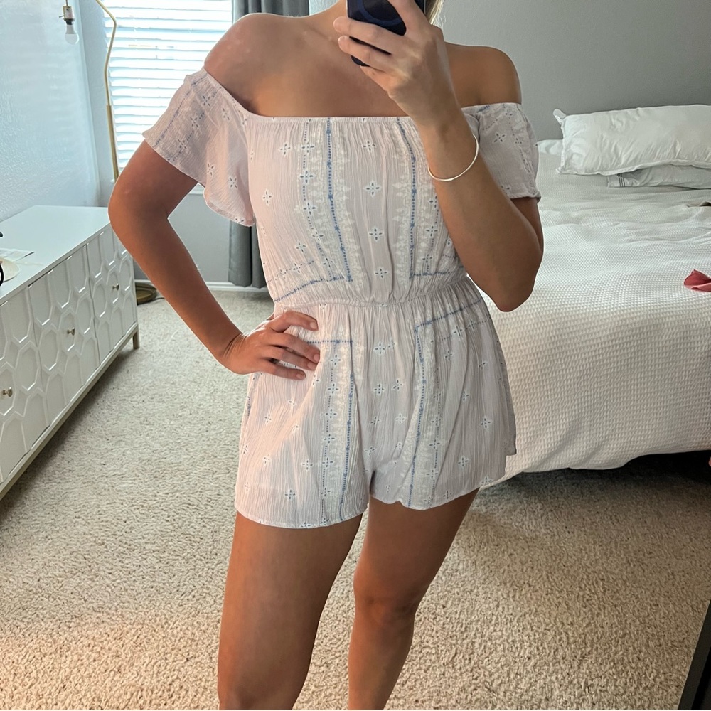Tobi Off-Shoulder Light Blue Romper